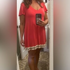 Judith March Coral Mini Dress with Tassel Hem